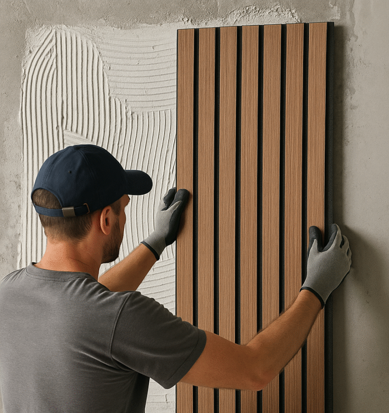 Akustik slat duvar paneli yapıştırma uygulaması panel montaj işlemi