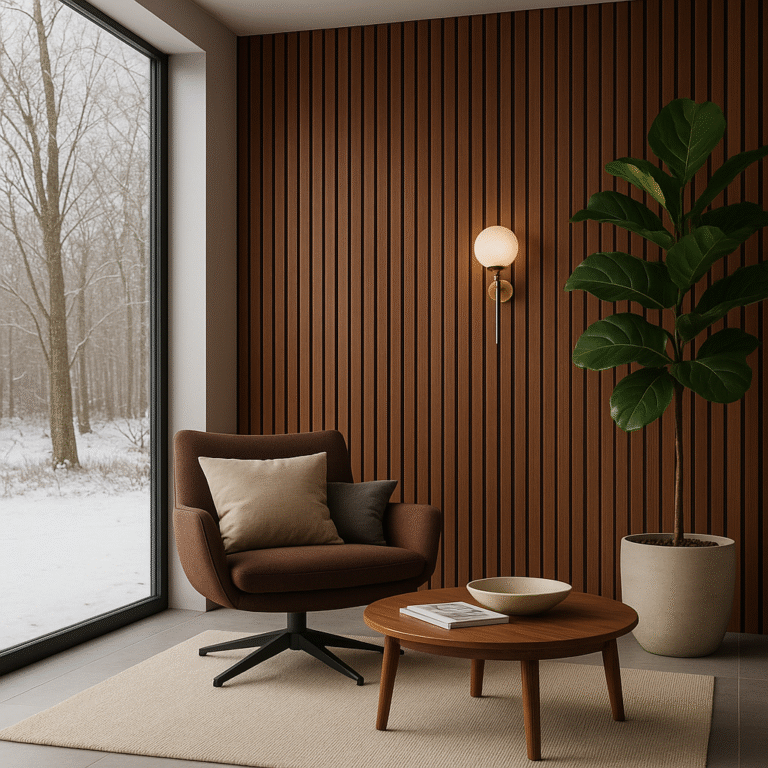 Decorative acoustic wall panels walnut slat wall living room application