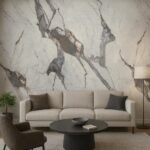 Calacatta mermer efektli PVC duvar paneli modern salon duvar kaplama uygulaması