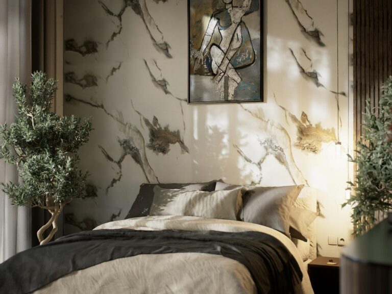 Calacatta mermer görünümlü PVC duvar paneli yatak odası duvar kaplama uygulaması