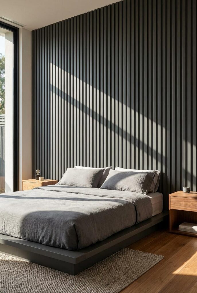 Acoustic slat wall panel bedroom interior design